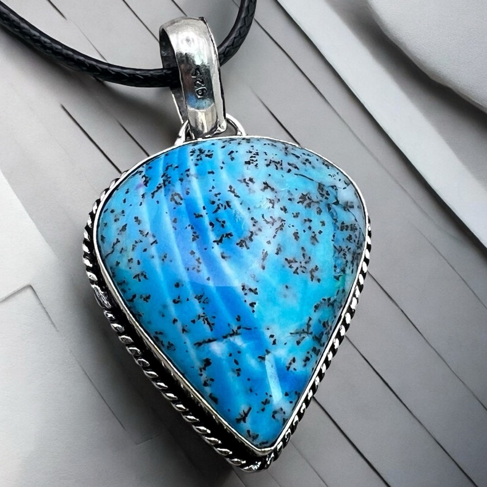 New Blue Dendritic Dendrite Opal Stone Sterling Silver Overlay Pendant Necklace
